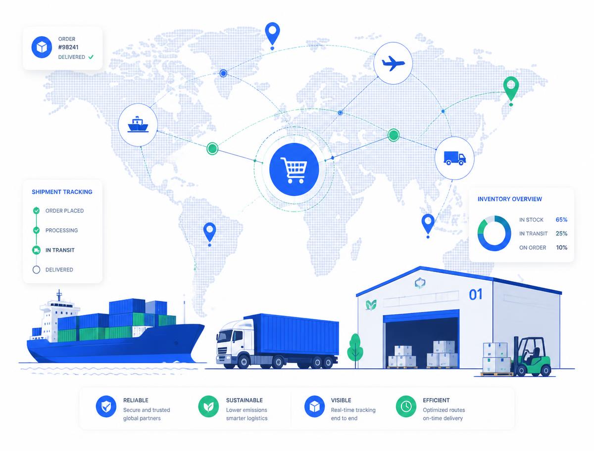 Global supplier sourcing and logistics network illustration