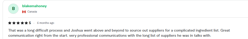 Five star review about sourcing suppliers for a complicated ingredient list