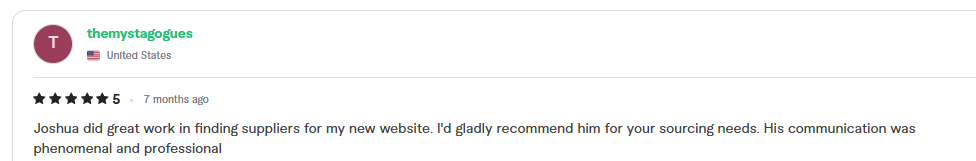 Five star review praising phenomenal, professional supplier sourcing communication