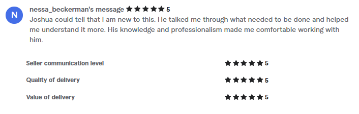 Five star Fiverr review from nessa_beckerman praising knowledge and professionalism