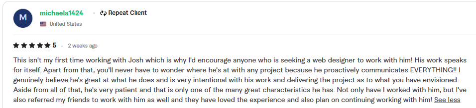 Five star repeat client review praising communication and web design work
